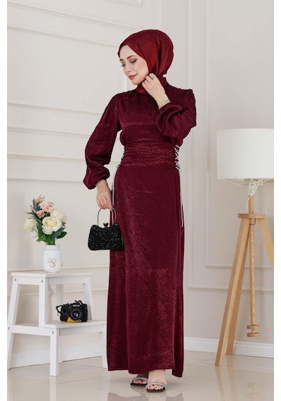Buse Yanı Bağcıklı Saten Abiye-bordo-4997