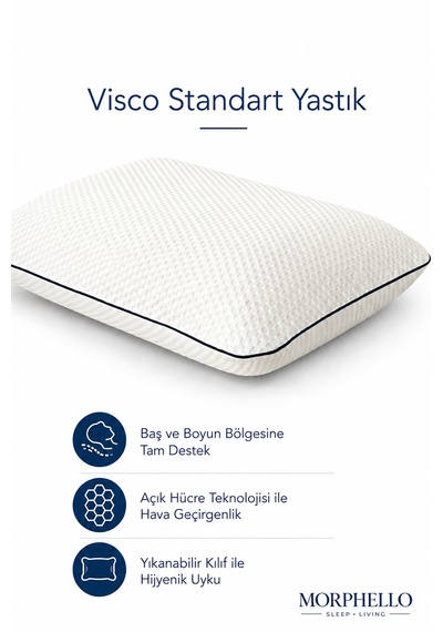 Morphello Visco Standart Yastık 40x60x12 Cm Ortopedik Baş Boyun Destekli, Orta Sert, Yıkanabilir Kılıflı Beyaz - Lacivert
