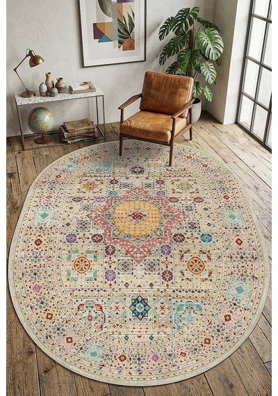 Frenda Home Fas Kapısı Desenli Yıkanabilir Pamuk Taban Oval Halı Krem