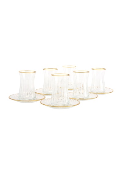 Alizee Cam Kesme Gold Rimli 12 Parça Çay Bardağı Seti - Şeffaf - 170 Ml Renkli