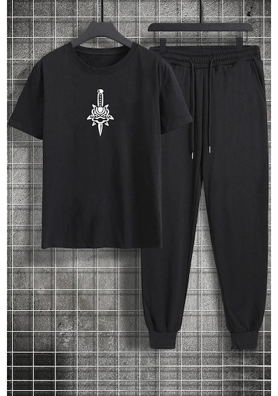 Uyguntarz Unisex Skullcracked Baskılı 2'li Eşofman Takımı Siyah