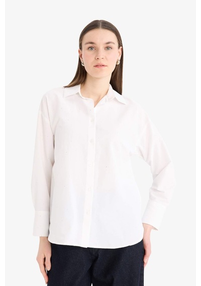 DeFacto Relax Fit Basic Düz Poplin Uzun Kollu Tesettür Gömlek Tunik E7977AX25SMWT34