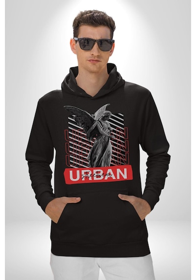 Şehir Sokak Stili Melek Heykeli Kadın Erkek Siyah Kapüşonlu Sweatshirt Hoodie Siyah