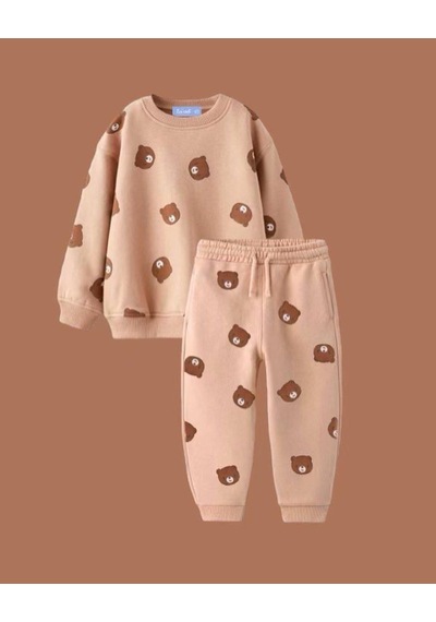 Unisex Çocuk Kahve Tonlu Mini Ayıcık Emoji Baskılı Sweatshirt Eşofman Alt Üst Takım 3 İplik Açık Kahve Açık Kahverengi