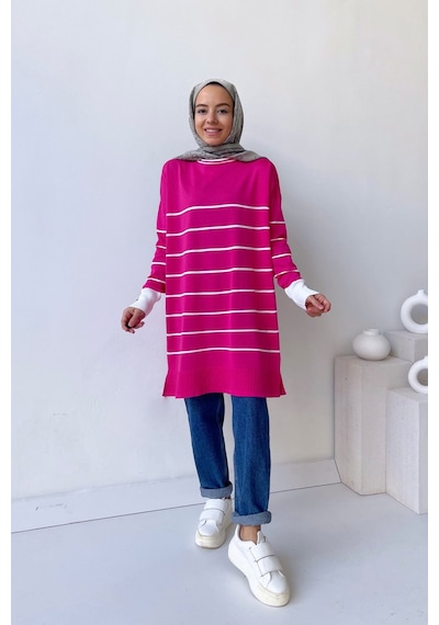Kahijab Bisiklet Yaka Çizgili Merserize Tunik - Fuşya