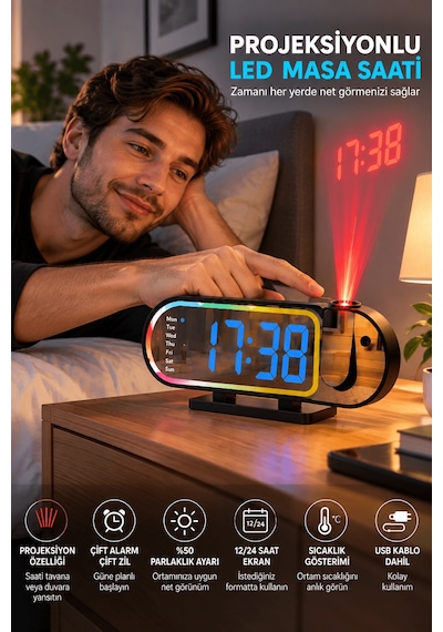 Modern Led Masa Saati Dijital Ekranlı Alarm Parlaklık Ayarlı 12 24 Saat Sıcaklık Göstergeli . 47562153