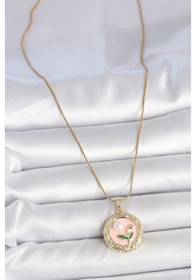 316l Çelik Gold Renk Zincir Pembe Çiçek İşlemeli İnci Detay Portre Model Kadın Kolye Çok renkli 87910882