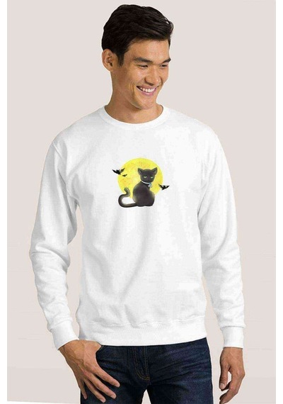 Cat On The Moon Baskılı Beyaz Erkek Örme Sweatshirt