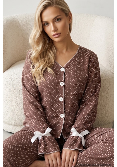 Siyah İnci Desenli Bürümcük-krınkıl Kurdele Detaylı Düğmeli Hırka Pijama Takım 26223921 Kahverengi Puan