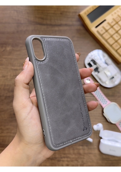 Apple iPhone X Uyumlu Premium Deri Dokulu Darbelere Karşı Dayanıklı Nazal Silikon Kılıf Gri