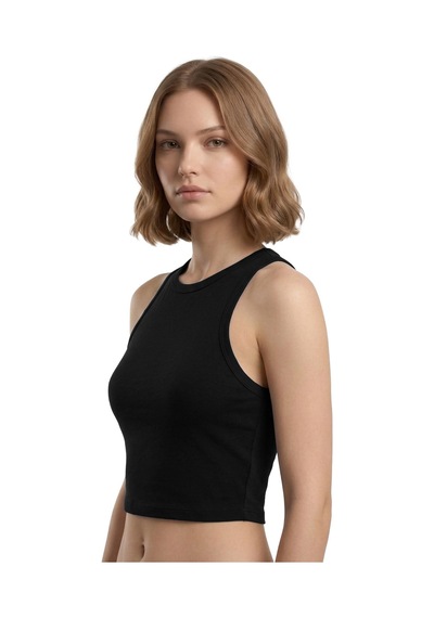 Cottonhıll Siyah Viskon Bisiklet Yaka Kolsuz Kadın Crop Atlet