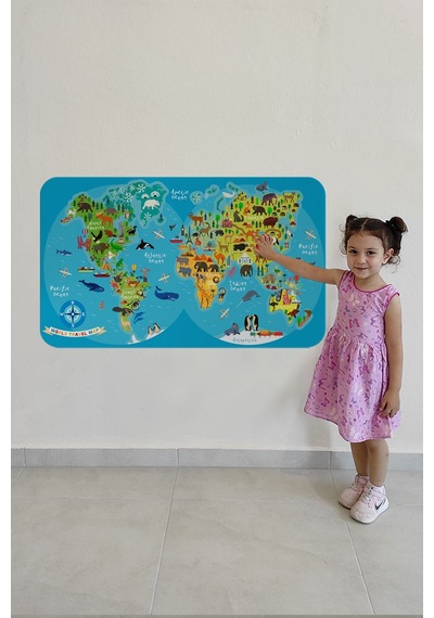 Eğitici Dünya Haritası Dünya Atlası Çocuk Ve Bebek Odası Duvar Sticker -60x105-3805 Çok Renkli