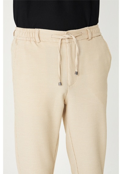 Bej Mikro Desenli Bağcıklı Modern Jogger Pantolon Bej