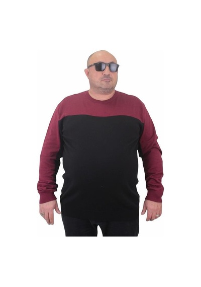 Starbattal Erkek Büyük Beden Sıfır Yaka Çift Renk Triko Kazak 23751 Bordo-Bordo