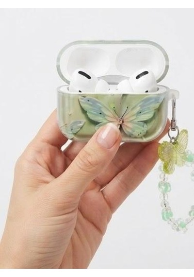 Apple AirPods 4 ve 5 Uyumlu Simli Kulaklık Kılıfı - 3d Kabartmalı Yeşil Butterfly Figürlü Boncuk Zincir Askılı Esnek Tpu Kılıf Şeffaf