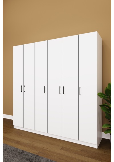 Asra Trend 6 Kapaklı Gardırop G-06 %100 MDF Çift Katlı Askılı Elbise Dolabı Beyaz