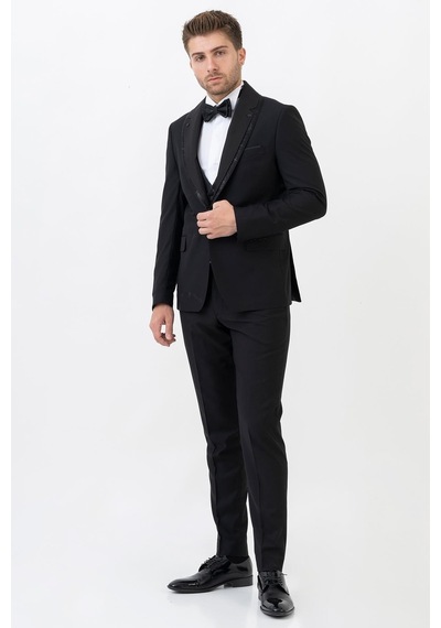 White Stone Ecatepec D113 Slim Fit Şal Yaka Damatlık Takım Elbise Siyah - 44 Siyah