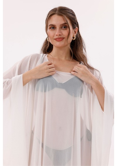 Tarzını Seç Kısa Kimono Pareo - Tesettür Pareo - Esnek Likralı Tül Beyaz 180x135 Cm Çok Renkli