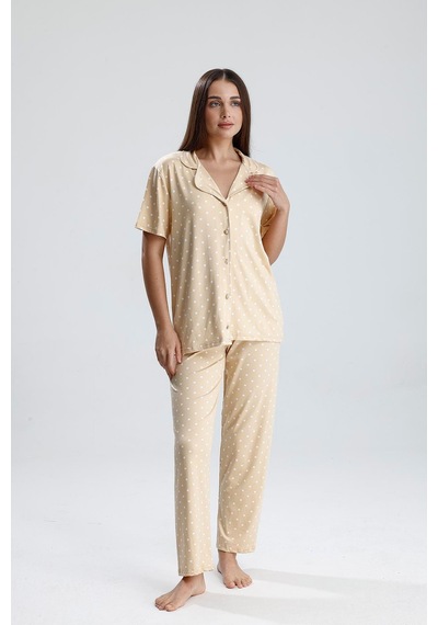 Kompedan Kadın Puantiye Desen Önden Düğmeli Pijama Takım Bej P. Bej