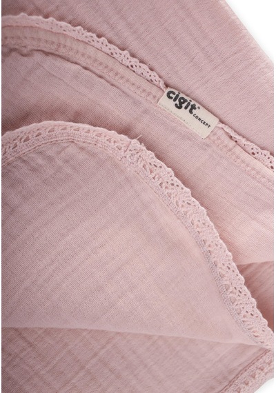 Dantel İşlemeli Tekkat Müslin Battaniye 100x100 CM +/- 3 Cm Pudra Pembe Pudra