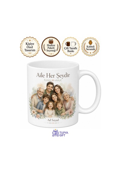 Kişiye Özel Kalabalık Aile Fotoğraflı Kupa Bardak İsimli Hediye Beyaz / Çok Renkli