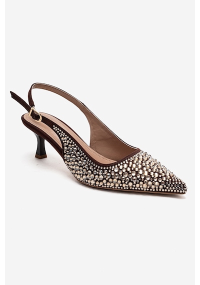 Luvishoes Thea Kahverengi Altın Taşlı Kadın Topuklu Ayakkabı Kahverengi