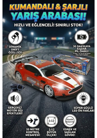 1:12 Ölçek Uzaktan Kumandalı Şarjlı Drift Arabası - Büyük Boy Işıklı Ve Sesli Yarış Arabası Kırmızı Beyaz