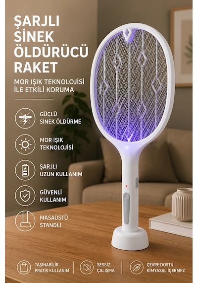Şarjlı Sinek Öldürücü Sivrisinek Raketi Elektrikli Karasinek Haşere Kovucu Mor Işıklı Sineklik Aleti