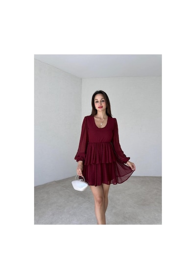 Rabia Çelik Kadın Bordo Puantiye Desenli Mini Elbise Bordo Bordo
