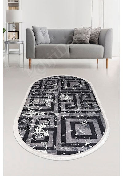Dijidekor Halı Siyah Cool K1320 Saçaklı Oval Kaymaz Kesme İnc... Gri - Siyah