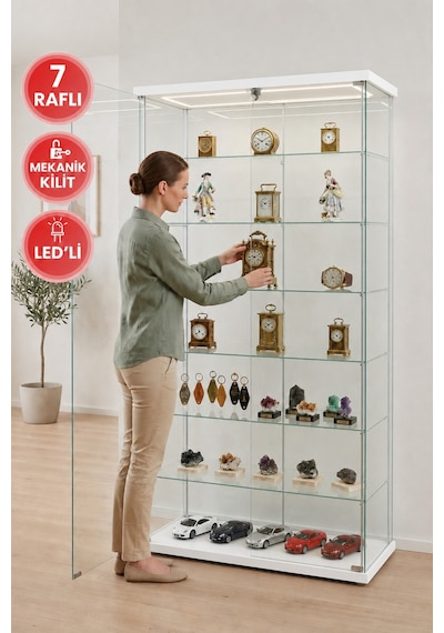 Beyaz Çift Kapaklı 7 Raflı Kilitli Ledli Camlı Koleksiyon Vitrini - Dolap - Kitaplık Raflı - Detolf Gümüşlük Sergi Dolabı Beyaz Çift Kapaklı 7 Raflı Kilitli Ledli Camlı Koleksiyon Vitrini - Dolap - Kitaplık Raflı - Detolf Gümüşlük Sergi Dolabı