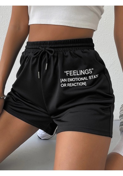 Drawstring Waist Slogan Graphic Track Şort Siyah