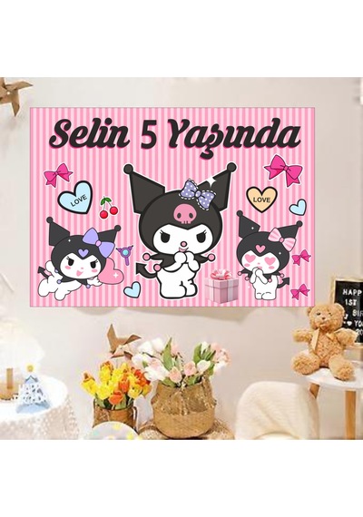 Kişiye Özel Isimli Kuromi Temalı Doğum Günü Afişi Duvar Pankart 100x70 CM Çok Renkli
