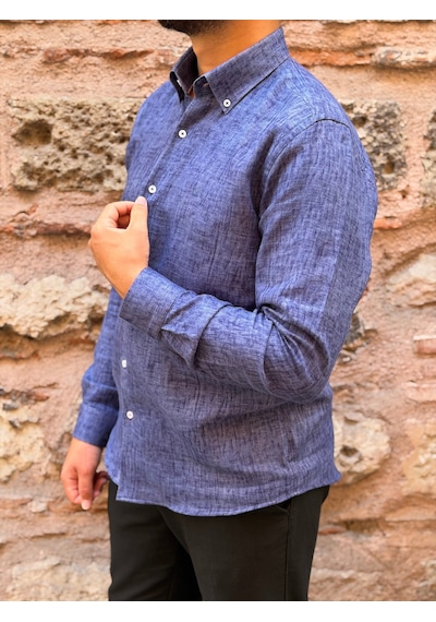 Slim Fit Uzun Kol Müslin Dijital Baskılı Hediye Kutulu Erkek Gömlek Fs-004599 - Lacivert-3362