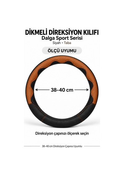 Trobus Hyundai Santa Fe 2024-2025 Uyumlu Dikmeli Direksiyon Kılıfı Dalga Sport Deri Siyah Taba Taba - Siyah