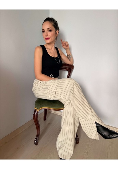 Taş Rengi Çizgili Keten Kargo Pantolon Taş