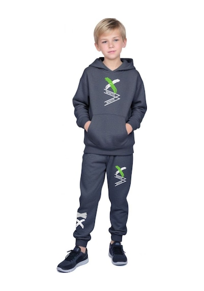 Fyk Kids Kapüşonlu Kanguru Cepli White Yazı Baskılı Erkek Çocuk Eşofman Takımı Füme