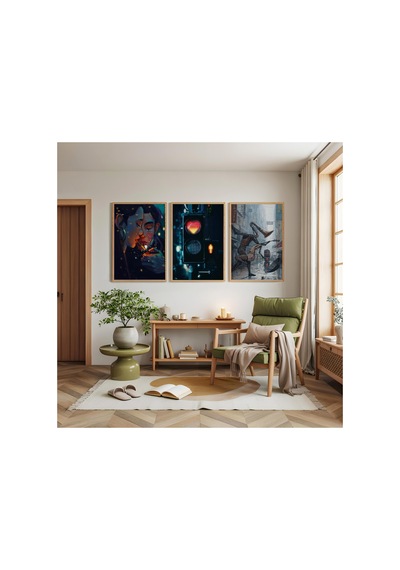 Ahşap Çerçeveli Geometrik Harmoni Üçlü Ahşap Tablo Seti
