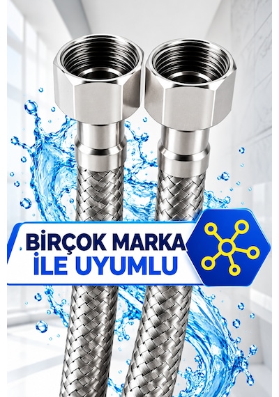 2'li Set Krom Taharet Ara Musluğu Ve 50 Cm Paslanmaz Çelik Flex Hortum 3/8' X 3/8'