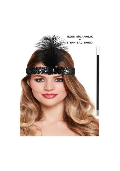 Gatsby Tarzı Aksesuar Seti 1920'ler Siyah Saç Bandı Ve Sigaralık