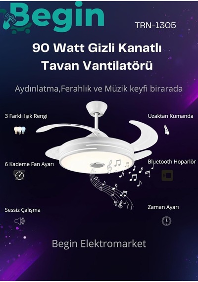 Begin Gizli Kanatlı Led Işıklı Tavan Vantilatörü, Beyaz, Bluetooth Hoparlörlü, Uzaktan Kumandalı, Zaman Ayarlı Diğer