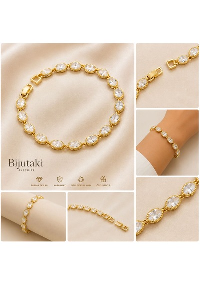 Oval Taşlı Işıltılı Bileklik Gold