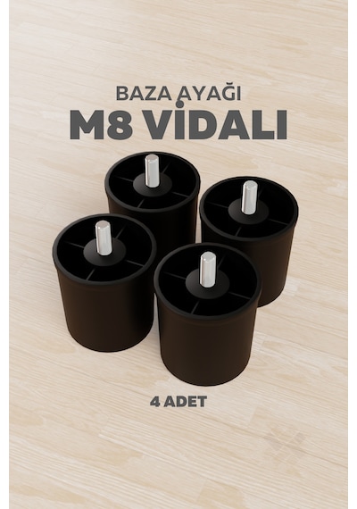 Siyah 6 Cm M8 Vidalı Plastik Baza Ayağı 4 Lü Set Kanepe Koltuk Yatak Mobilya Ayağı Siyah Diğer