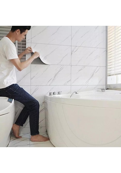 10 Adet 30x60 Cm Yapışkanlı Mermer Desenli Köpük Banyo,tezgah Arası Duvar Paneli Kağıdı Cf-1035 Beyaz