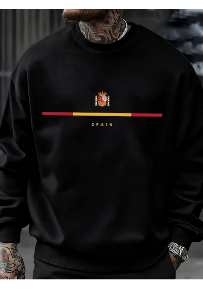 Startmore İspanya Ulusal Amblem Tasarımı Tişörtü Hip Hop Polar Tişörtü Sonbahar Modası Sokak Giyimi Tüm Siyah