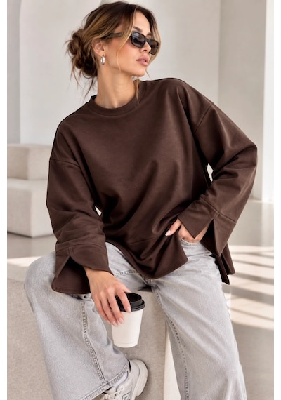 Bb Butik Basic Oversize Yırtmaç Detaylı Bisiklet Yaka Sweatshirt Zg3535 Kahverengi