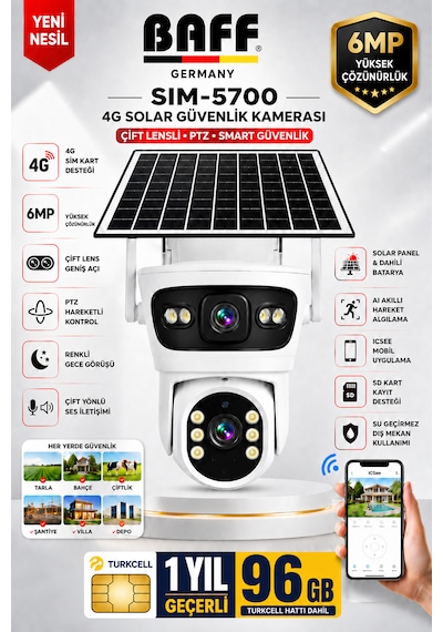 SIM-5700 6MP 4G SIM Kartlı Solar Güvenlik Kamerası Çift Lens PTZ Renkli Gece Görüşlü + 96GB SIM Kart Dahil