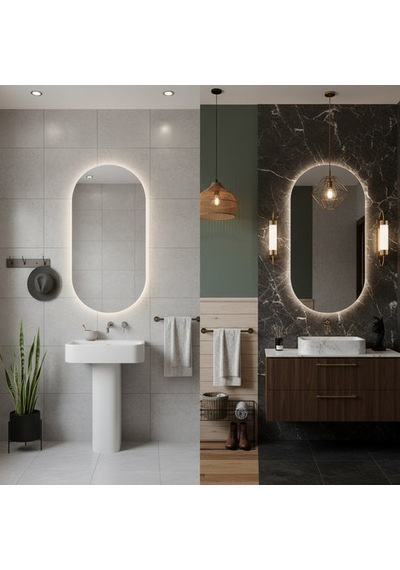 65x116 Cm Modern Oval Led Banyo Aynası Dokunmatik, Dim Edilebilir, 3000k Günışığı Sarı