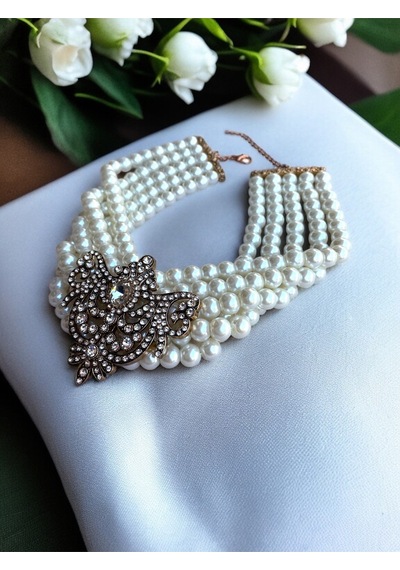 Zirkon Taşlı Choker Tasma Inci Kolye Beyaz