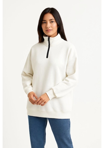 Primemagazam Kadın 3 İplik Pamuklu Dık Yaka Yarım Fermuarlı Sweatshirt - Beyaz Çeşitli